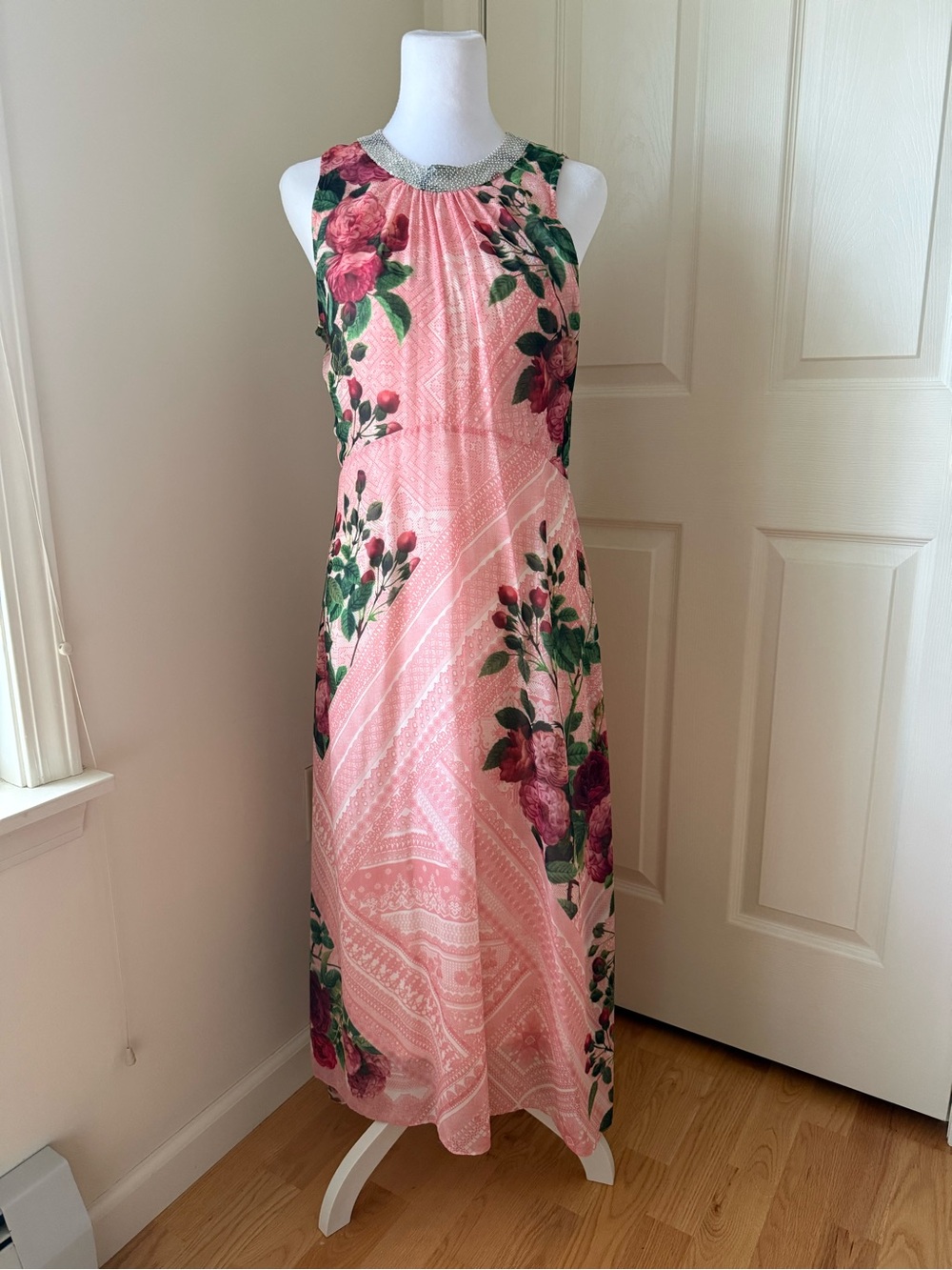 Pankaj & Nidhi Floral Midi Dress Beaded Neck Pink Sleeveless Size 8
